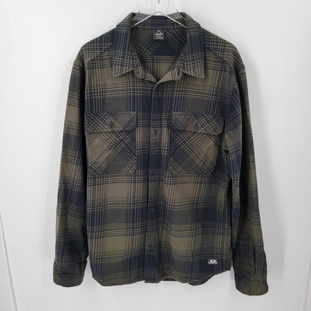 Oakley Shirt Mens L Green Blue Plaid Button Up Long Sleeve Pockets